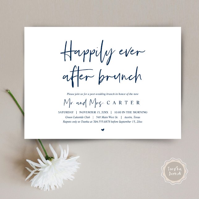Convites Felicidade eterna após o brunch, moderno pós-casam (Happily ever after brunch, Modern post wedding Invitation Card, PDF, in timeless Navy Blue)