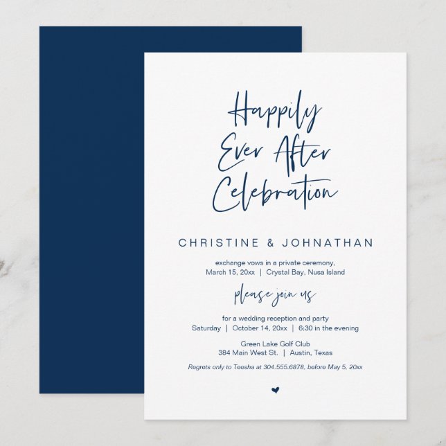 Convites Felicidade Eterna, Azul Marinho, Casamento Intimo (Frente/Verso)