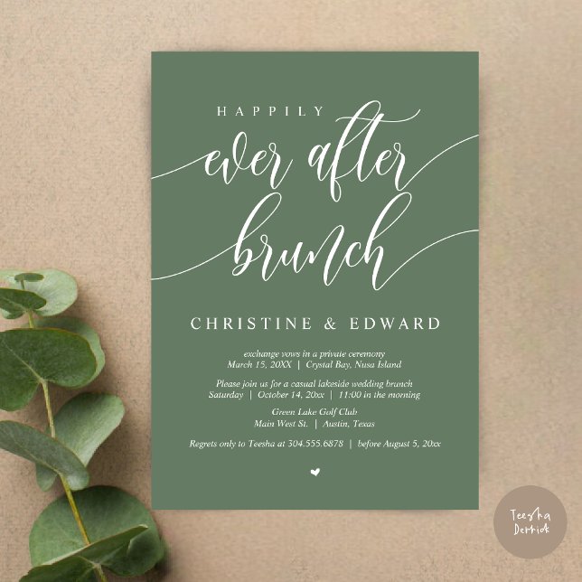 Convites Felicidade Eterna Brunch de Casamento Clandestino, (Happily Ever After Elopement Brunch Invitation Card, Post-wedding, PDF, in Forest Sage Green)