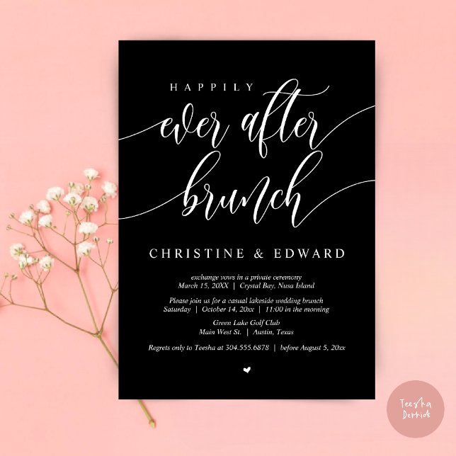 Convites Felicidade Eterna Café da Manhã de Casamento às Pr (Happily Ever After Elopement Brunch Invitation Card, Post-wedding, PDF, in Classy Black)
