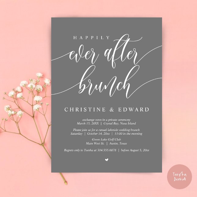 Convites Felicidade Eterna Café da Manhã para Casais, Cinza (Happily Ever After Elopement Brunch Invitation Card, Post-wedding, PDF, in Dark Grey)