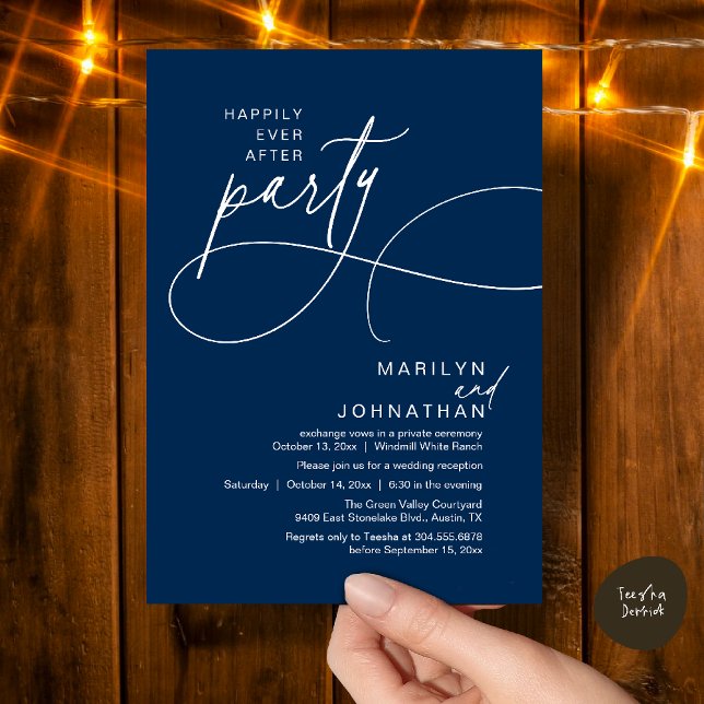 Convites Felicidade Eterna Depois de um Casamento Moderno e (Happily Ever After Modern Elegant Romantic Wedding Reception Dinner Invitation Card in Navy Blue)
