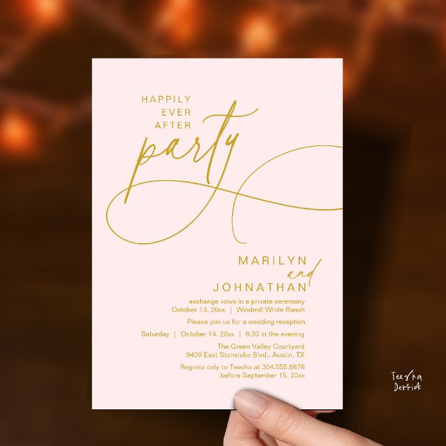 Convites Felicidade Eterna Depois de um Casamento Moderno e (Happily Ever After Modern Elegant Romantic Wedding Reception Dinner Invitation Card in Gold Blush)