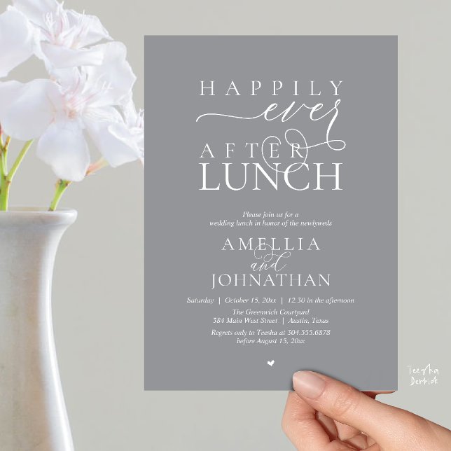 Convites Felicidade Eterna Depois do Almoço Casamento Moder (Happily Ever After Lunch Modern Wedding Elopement Invitation Card in dark grey)