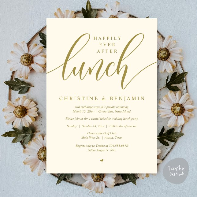 Convites Felicidade Eterna Depois do Almoço, Fuga, Roteiro  (Happily Ever After Lunch, Elopement Card, PDF, Modern Wedding, in Yellow Gold)
