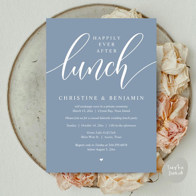 Convites Felicidade Eterna Depois Do Almoço, Fuga, Roteiro  (Happily Ever After Lunch, Elopement Card, PDF, Modern Wedding, in Dusty Blue)