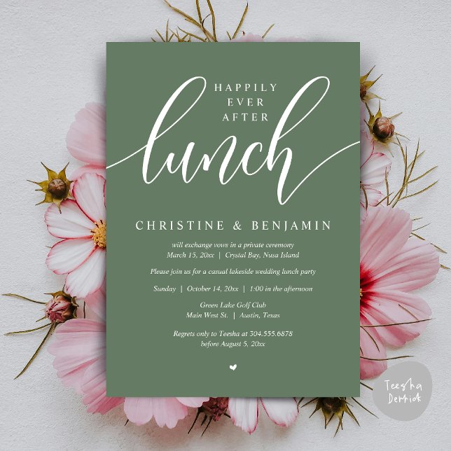Convites Felicidade Eterna Depois Do Almoço, Fuga, Roteiro  (Happily Ever After Lunch, Elopement Card, PDF, Modern Wedding, in Greenery Sage Green Forest Summer)