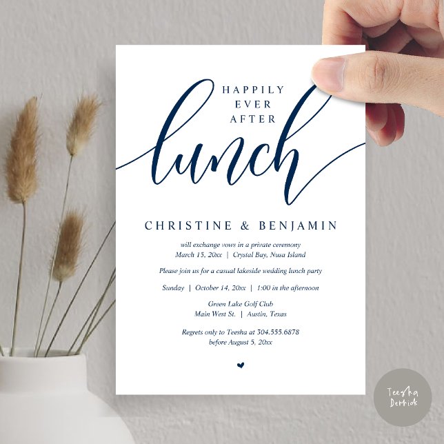 Convites Felicidade Eterna Depois do Almoço, Fuga, Roteiro  (Happily Ever After Lunch, Elopement Card, PDF, Modern Wedding, in Navy Blue)