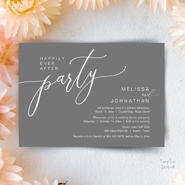 Convites Felicidade Eterna Depois do Casamento Fuga Jantar  (Happily Ever After Wedding Elopement Dinner Party Invitation card, in Dark Grey)