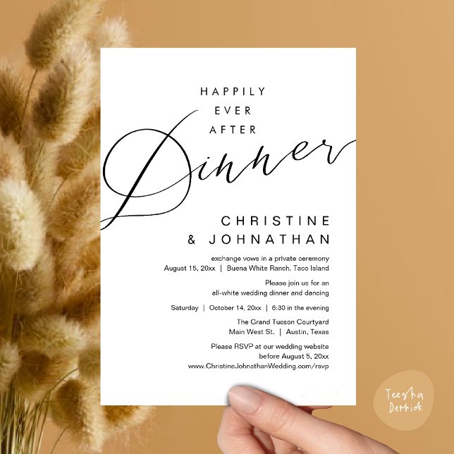 Convites Felicidade Eterna Depois do Jantar Casamento Român (Happily Ever After Dinner, Modern Romantic Wedding Invites Card, PDF, Minimalist Clean, White Black)
