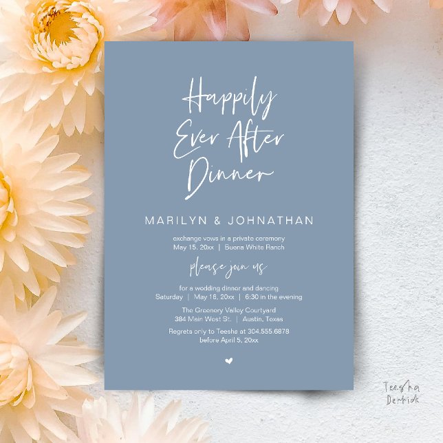 Convites Felicidade Eterna Depois do Jantar Recepção de Cas (Happily Ever After Dinner Modern Minimalist Wedding Reception Invitation Card in Dusty Blue)