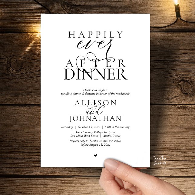 Convites Felicidade Eterna Depois do Jantar Roteiro Moderno (Happily Ever After Dinner Modern Script Wedding Invitation Card in Black and White)