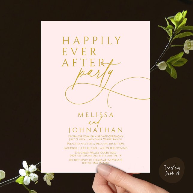 Convites Felicidade Eterna Festa de Casamento Moderna e Ele (Happily Ever After Modern Elegant Wedding Reception Party Invitation Card in blush and gold)