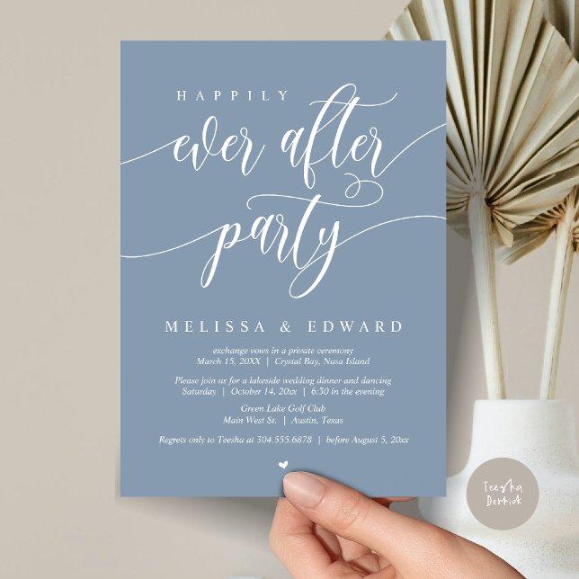 Convites Felicidade Eterna Festa de Elopamento, Azul Empoei (Happily Ever After Elopement Party Invitation Card, PDF, Modern Wedding Dinner, in Dusty Blue)