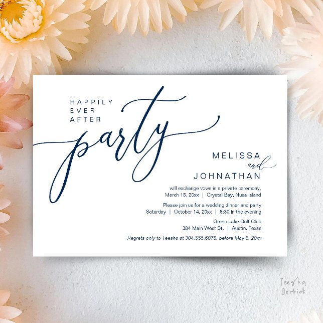 Convites Felicidade Eterna Jantar de Casamento e Fuga Român (Happily Ever After Wedding Elopement Dinner Party Invitation card, in Navy blue)