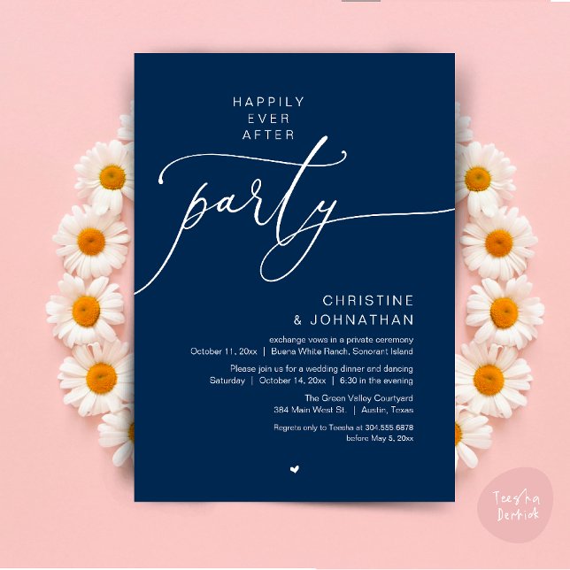Convites Felicidade Eterna Jantar de Casamento Festa Dançan (Happily Ever After Romantic Wedding Dinner Party Dancing Modern Clean Invites Card PDF Navy Blue)
