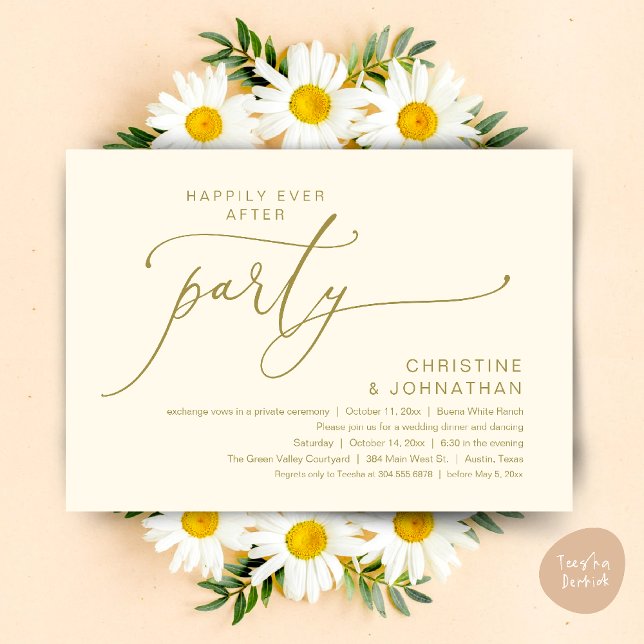 Convites Felicidade Eterna Jantar de Casamento Festa Dançan (Happily Ever After Romantic Wedding Dinner Party Dancing Modern Clean Invites Card PDF Yellow Gold)