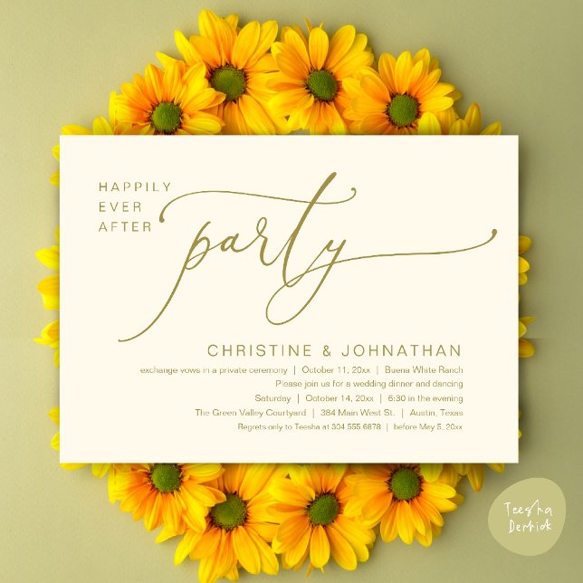 Convites Felicidade Eterna Jantar de Casamento Festa Dançan (Happily Ever After Romantic Wedding Dinner Party Dancing Modern Clean Invites Card PDF Yellow Gold)