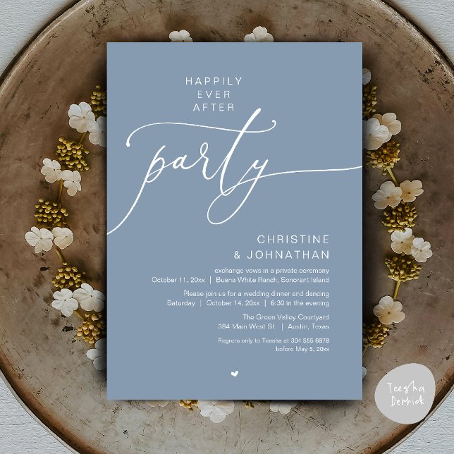 Convites Felicidade Eterna Jantar de Casamento Festa Dançan (Happily Ever After Romantic Wedding Dinner Party Dancing Modern Clean Invites Card PDF Dusty Blue)