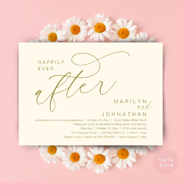 Convites Felicidade Eterna Jantar de Casamento Festa de Dan (Romantic Happily Ever After Wedding Dinner Party Lunch Brunch Invitation PDF Card Yellow Gold)