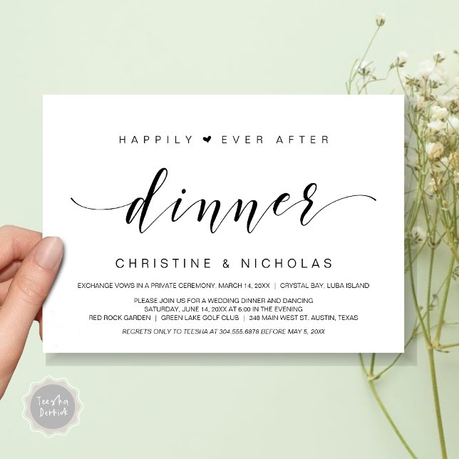 Convites Felicidade Eterna, Jantar de Casamento Intimo (Happily Ever After Dinner Invitation Card, PDF, Modern Wedding Elopement, Heart, Black and White)
