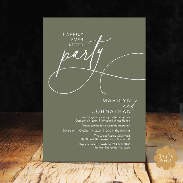 Convites Felicidade Eterna Jantar de Casamento Moderno e El (Happily Ever After Modern Elegant Romantic Wedding Reception Dinner Invitation Card in Olive Sage)
