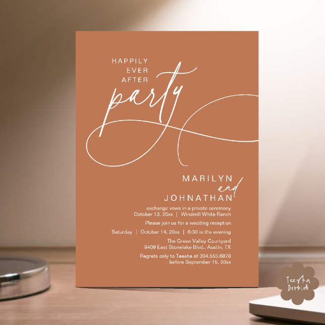 Convites Felicidade Eterna Jantar de Casamento Moderno e El (Happily Ever After Modern Elegant Romantic Wedding Reception Dinner Invitation Card in Copper Brown)