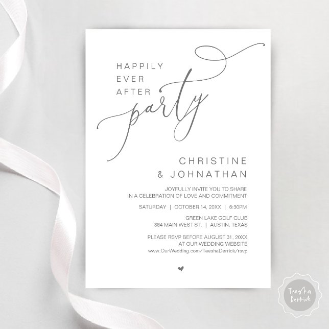 Convites Felicidade Eterna Jantar de Dança da Festa de Casa (Happily Ever After Wedding Party Romantic Dinner Dancing Invitation Card, PDF, in Dark Grey)