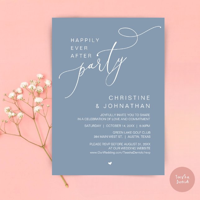 Convites Felicidade Eterna Jantar de Dança da Festa de Casa (Happily Ever After Wedding Party Romantic Dinner Dancing Invitation Card, PDF, in Dusty Blue)