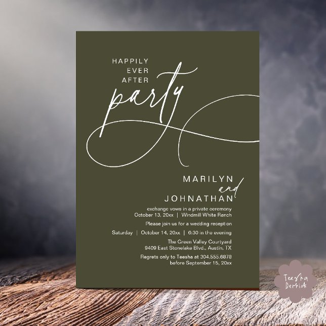 Convites Felicidade Eterna Jantar de Noiva Moderno e Elegan (Happily Ever After Modern Elegant Romantic Wedding Reception Dinner Invitation Card in Olive Green)