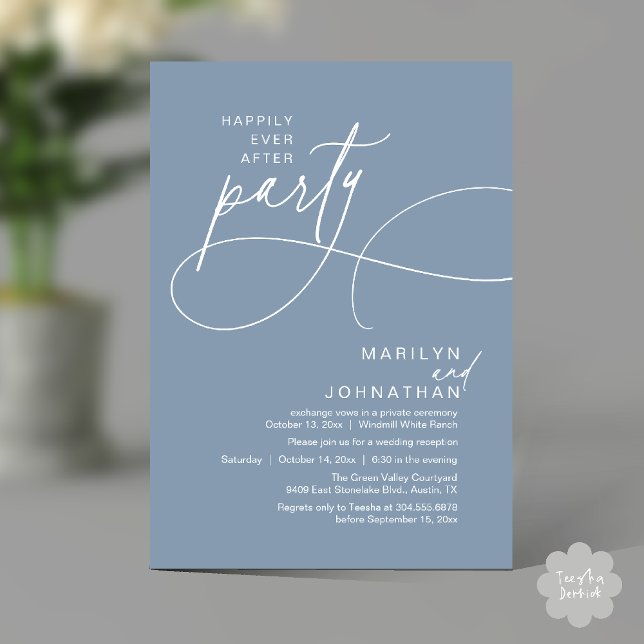 Convites Felicidade Eterna Jantar de Noiva Moderno e Elegan (Happily Ever After Modern Elegant Romantic Wedding Reception Dinner Invitation Card in Dusty Blue)