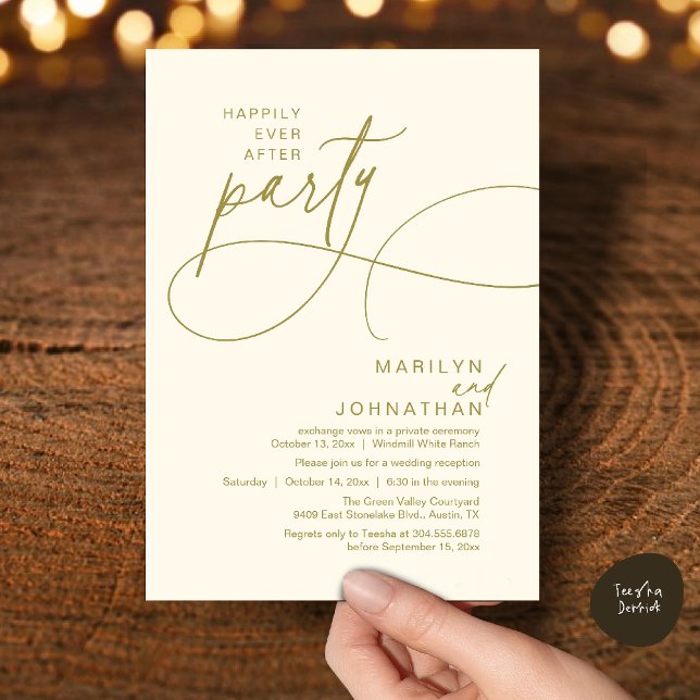 Convites Felicidade Eterna Jantar de Noivado Moderno e Eleg (Happily Ever After Modern Elegant Romantic Wedding Reception Dinner Invitation Card in Yellow Gold)