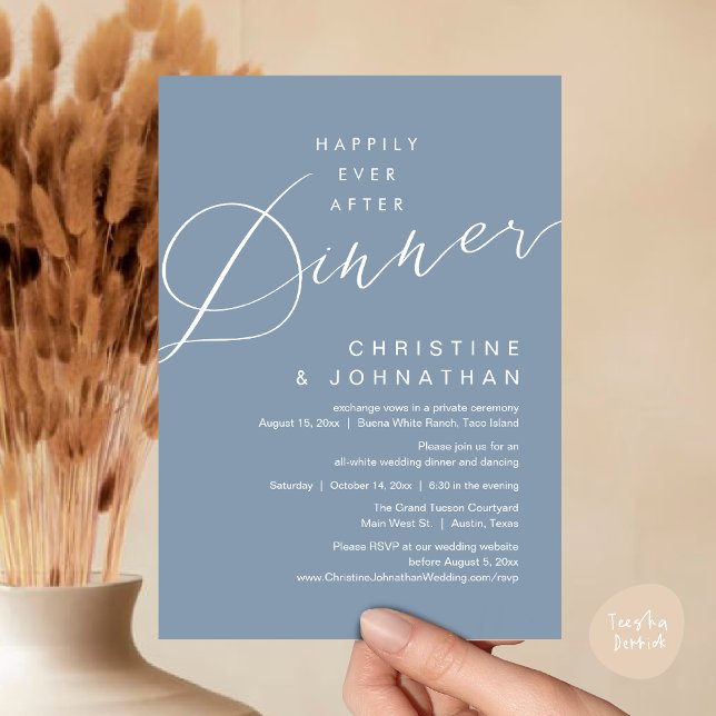 Convites Felicidade Eterna Jantar Romântico de Casamento (Happily Ever After Dinner, Modern Romantic Wedding Invites Card, PDF, Minimalist Clean, Dusty Blue)