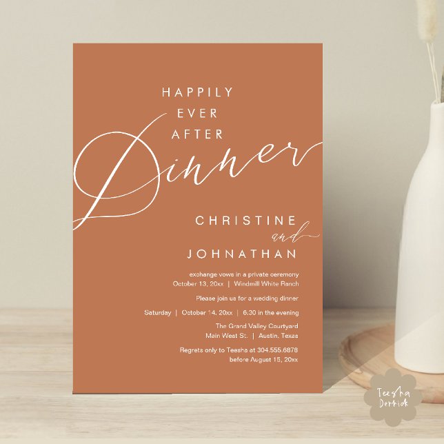 Convites Felicidade Eterna Jantar Romântico Elegante Casame (Happily Ever After Dinner Romantic Elegant Wedding Invitation Card in Terracotta Brown Copper)