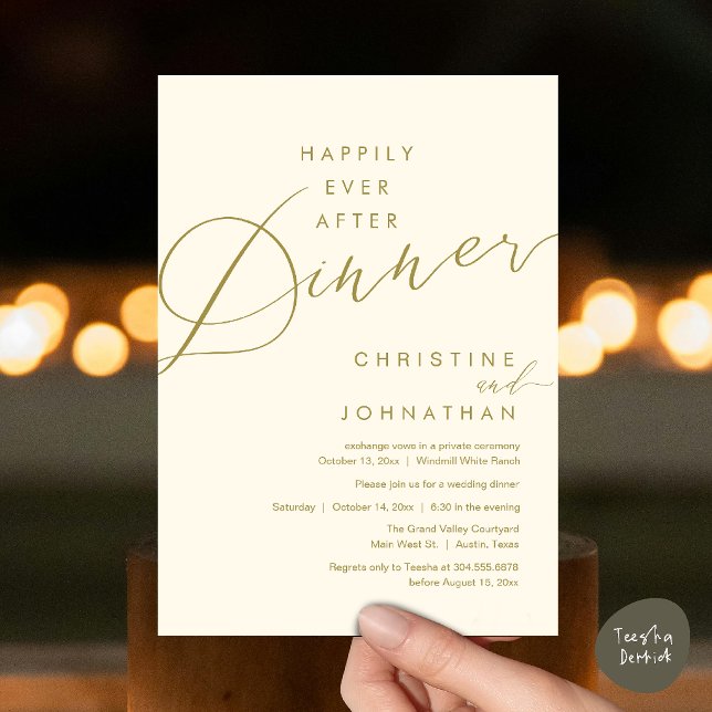 Convites Felicidade Eterna Jantar Romântico Elegante Casame (Happily Ever After Dinner Romantic Elegant Wedding Invitation Card in Yellow Gold Cream)