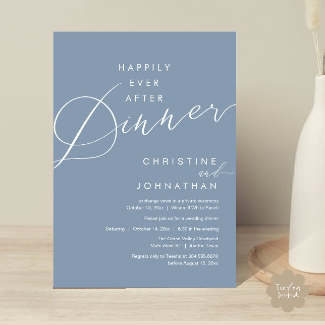 Convites Felicidade Eterna Jantar Romântico Elegante Casame (Happily Ever After Dinner Romantic Elegant Wedding Invitation Card in Dusty Blue)