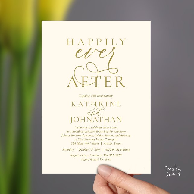 Convites Felicidade Eterna, Recepção de Casamento Moderna (Happily Ever After, Modern Wedding Reception hors d'oeuvres Drinks Dancing Invites Card Yellow Gold)