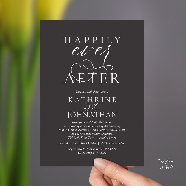 Convites Felicidade Eterna, Recepção de Casamento Moderna (Happily Ever After, Modern Wedding Reception hors d'oeuvres Drinks Dancing Invites Card Charcoal)