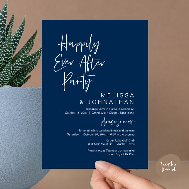 Convites Felicidade Para Sempre, Festa de Casamento Íntimo (Happily Ever After Party Invitation Card, PDF, Wedding Elopement Dinner Brunch Lunch, Navy Blue)