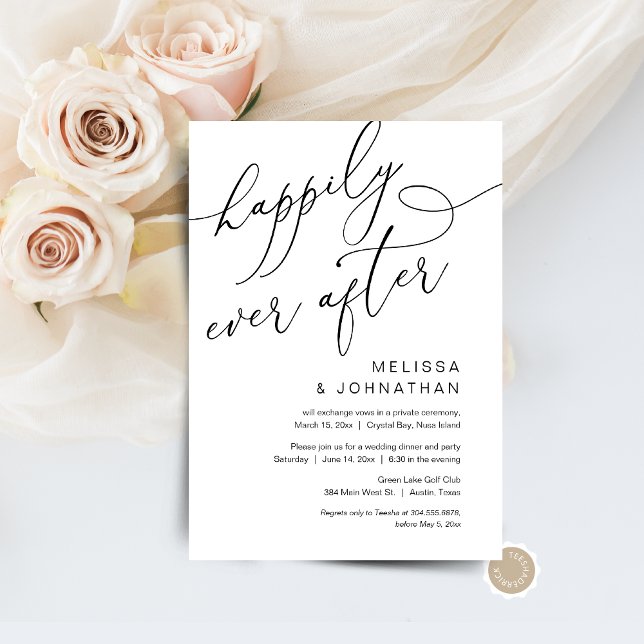 Convites Felicidade Para Sempre, Jantar de Casamento às Esc (Happily Ever After, RomanticPost Wedding Elopement Brunch, Dinner, Party Celebration Invitation Card)