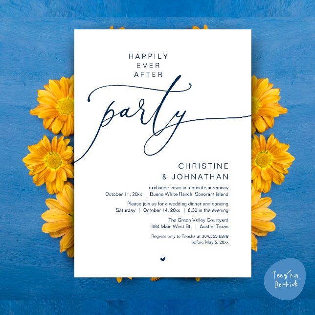 Convites Felicidade para Sempre Jantar de Casamento Festa d (Happily Ever After Romantic Wedding Dinner Party Dancing Modern Clean Invites Card PDF Navy Blue)