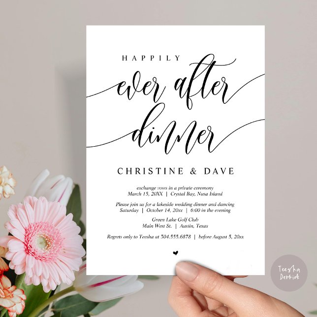 Convites Felicidade para Sempre Jantar de Elopamento Dançan (Happily Ever After Dinner Invitation Card, PDF, Modern Calligraphy Script, in Black and White)