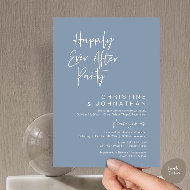 Convites Felicidade Para Sempre, Jantar de Noiva Moderno (Wedding Happily Ever After Party Dinner Brunch Elopement Invitation Card, PDF, Dusty Blue)