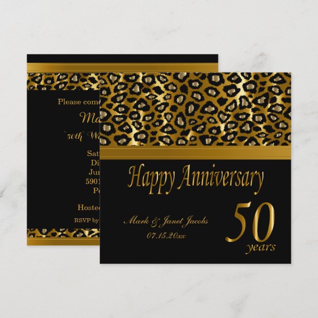 Convites Feliz 50º Aniversário Dourado | Estampa Leopard (Frente/Verso)