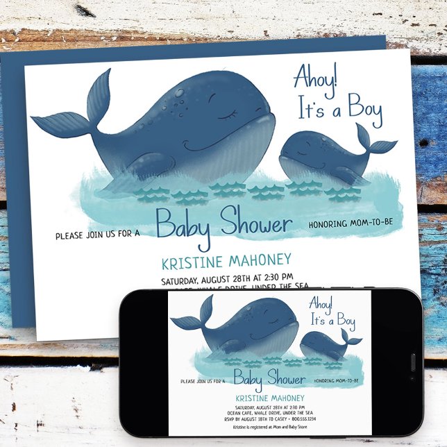 Convites Feliz Ahoy, é um Chá de fraldas de aquarela (Baby Shower Invitation from my Happy Whale collection. Message if you need different items.)