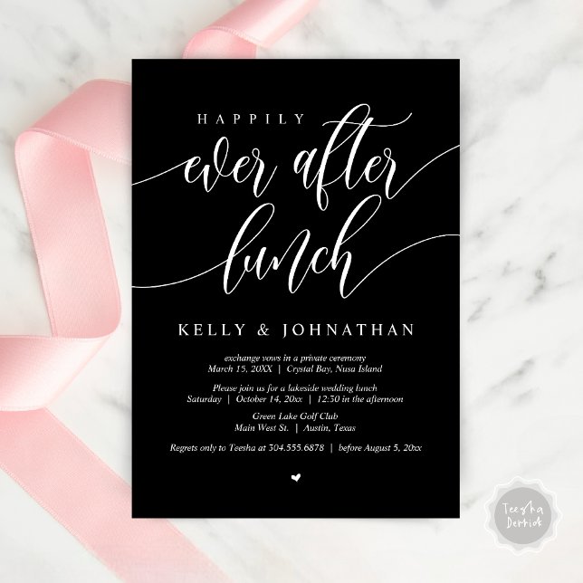 Convites Feliz Almoço do Casamento, em preto clássico (Happily Ever After Wedding Lunch Invitation Card, PDF, Modern Calligraphy, in Classy Black)