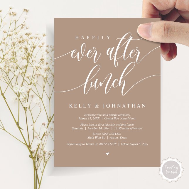 Convites Feliz Almoço do Casamento, em Taupe Quente (Happily Ever After Wedding Lunch Invitation Card, PDF, Modern Calligraphy, in Warm Taupe)