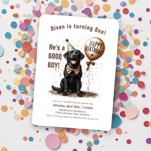 Convites Feliz aniversário Black Labrador Balloon Personali (black labrador happy birthday balloon party hat confetti invitation)