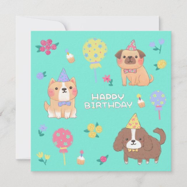 Convites Feliz Aniversário: Cães, Balões e Flores (Frente)