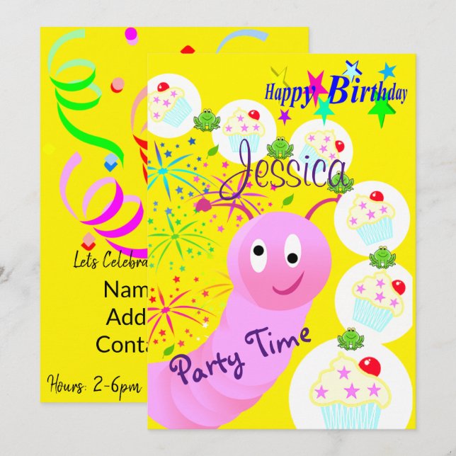 Convites Feliz Aniversário Convidar Cupcakes de Verme Rosa (Frente/Verso)